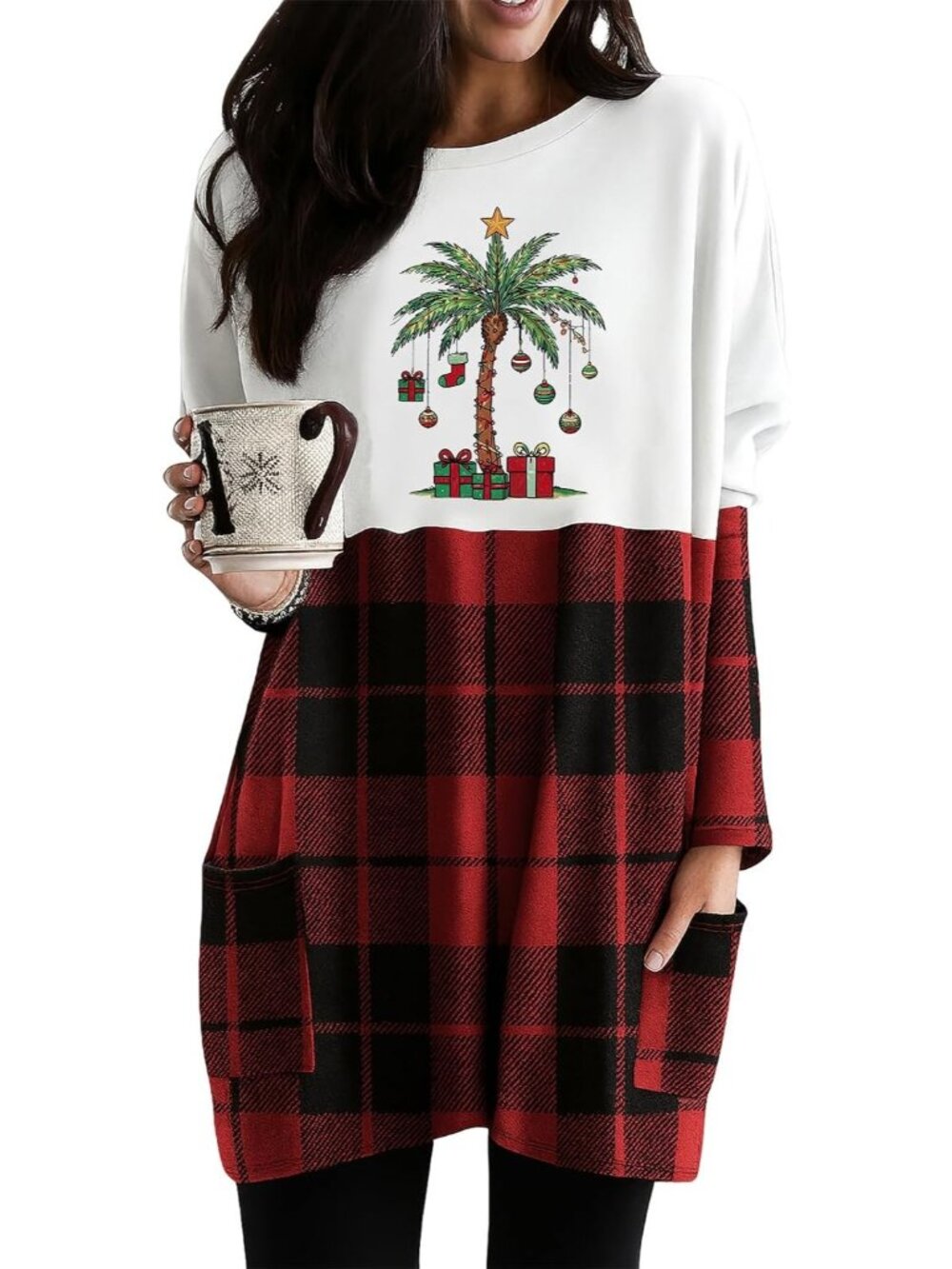 🎄Women's Christmas Palm Tree Ornament Long Sleeve Plaid Sweatshirt Pocket Dress